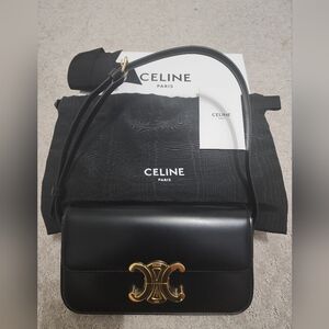 Celine Shiny Calfskin Triomphe Black Shoulder Bag